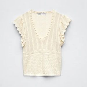 NWT Zara Ruffle Sleeve Pointelle Knit Top - S